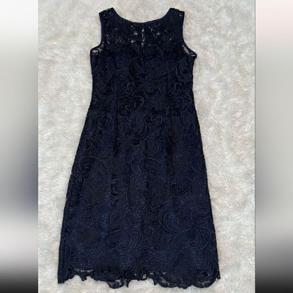 Adrianna Papell Illusion Neckline Navy Lace Sheath Dress - Picture 4 of 12